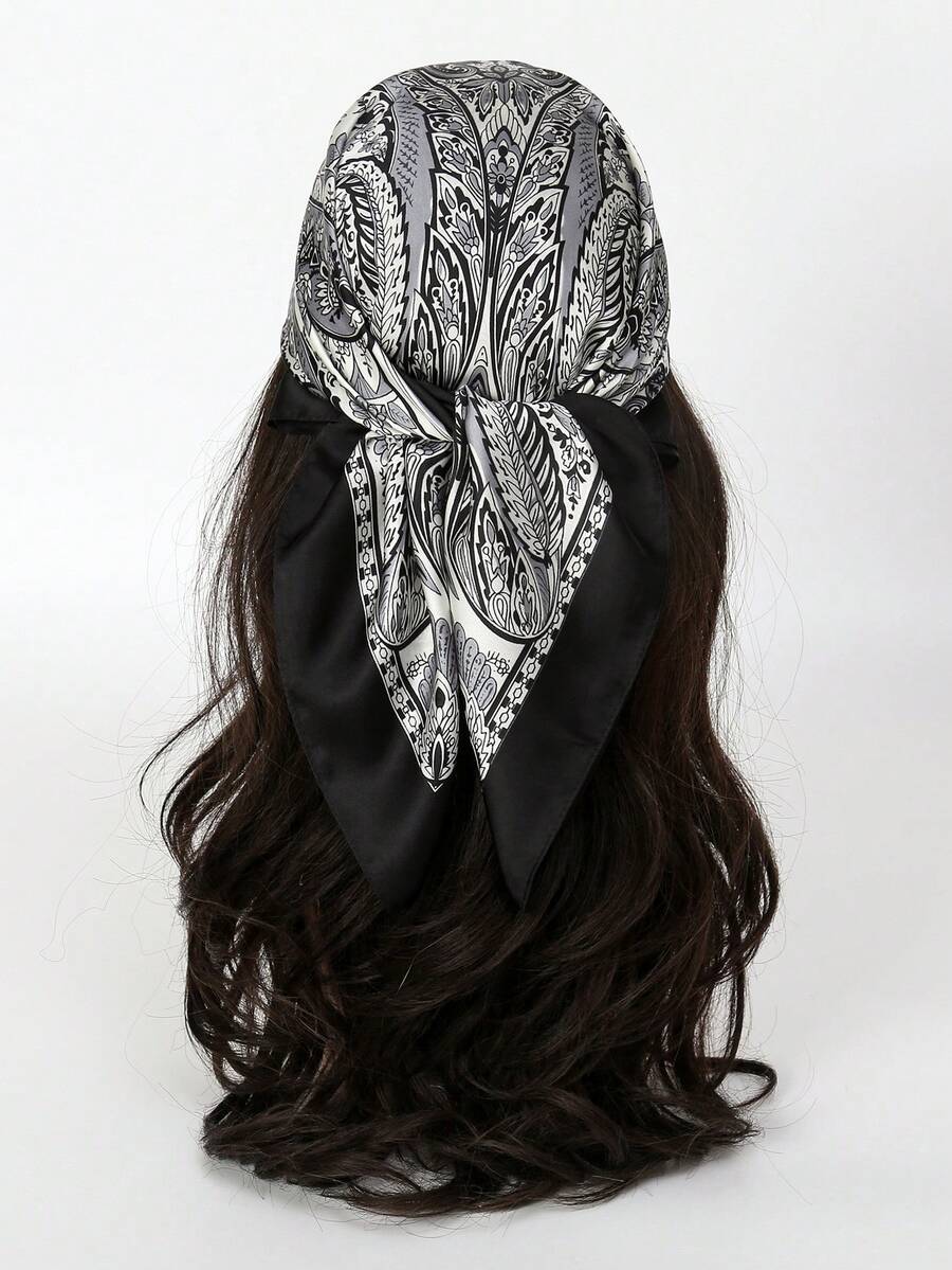 1条70*70厘米缎面印花围巾，时尚女士头巾、披肩、领巾 - 黑腰果 - 查看 1