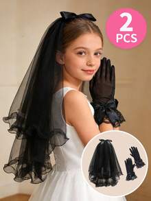 Bộ 2 món dành cho bé gái tuổi teen 12-16 tuổi, gồm khăn voan ren ngọc trai và găng tay nơ, thích hợp cho lễ rước lễ, đám cưới, trang phục Halloween. - Khăn che mặt + găng tay - Xem 5