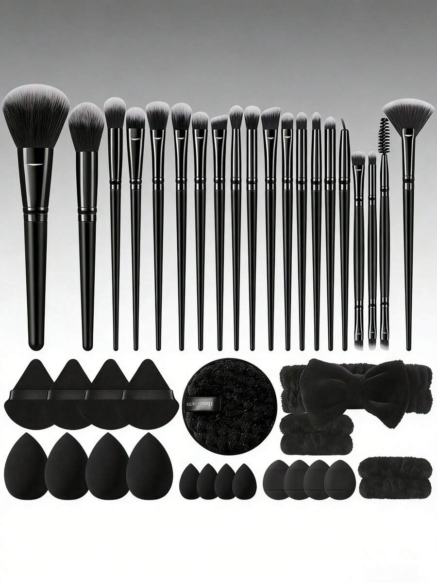 40件套化妆刷套装，包含：20支化妆刷、4个三角化妆海绵、4个迷你化妆海绵、1个洗脸海绵、4个迷你气垫粉扑、1个发带、2个腕带。全套产品适合初学者，方便携带，也可作为礼物赠送。 - 黑色 - 查看 1