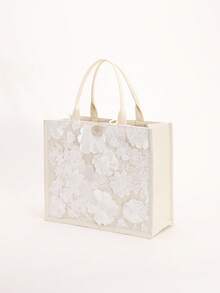 1 chiếc túi tote vải lanh phối lưới và đính sequin nhiều màu sắc, thiết kế thêu hoa lá thời trang, túi đeo vai vuông dung tích lớn, túi mua sắm phong cách thường ngày cho kỳ nghỉ (Họa tiết hoa được phân bố ngẫu nhiên) - trắng - Xem 7