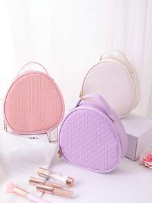 1 pieza Bolsa de maquillaje ovalada de PU de unicolor, organizador de viaje funcional y resistente al agua con compartimentos para brochas de maquillaje - Multicolor - Ver 7