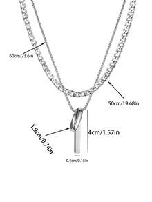 2 piezas/Set Collar Minimalista de Capas, Colgante de Barra Vertical Elegante & Cadena de Eslabón Cubano Grueso, Accesorios de Estilo Callejero, Joyería de Estética Atrevida - Plateado - Ver 4