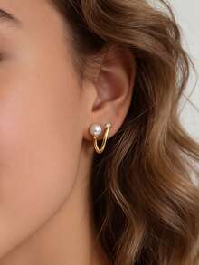 Charm-In Curved Hoop Pearl CZ 18K Gold Plated Earrings | Dainty Elegant Fashion Earrings For Women | Perfect For Wedding & Stacking Wear - Gold - View 2