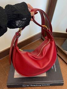 新款时尚女士纯色简约单肩包，PU材质，适合约会、购物，百搭优雅 - 紅色 - 查看 6