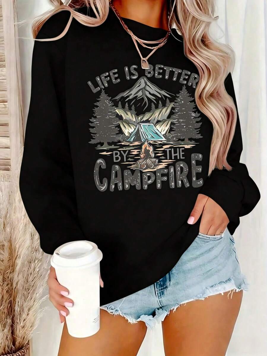Suéter gráfico de campamento para mujer - "La vida es mejor junto ade montaña y árbol de pino, suéter de cuello redondo cálido para otoño e invierno, de elasticidad media, informal, lavable - Negro - Ver 1