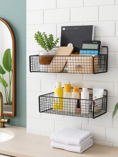 1 pieza Estantería de baño montada en la pared, estantería de baño sin agujeros, cesta de ducha con ganchos, adecuada para el almacenamiento del lavabo montado en la pared, decoración y accesorios de baño, estantería práctica