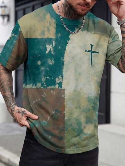 男士复古拼接图案T恤，耶稣十字架信仰图案圆领T恤，适合日常穿着