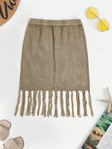 Bộ đồ đi biển gợi cảm dành cho nữ, thiết kế khoét eo, xuyên thấu, có tua rua, gồm áo khoác và chân váy dệt kim, thích hợp cho kỳ nghỉ. - Màu Khaki - Xem 5