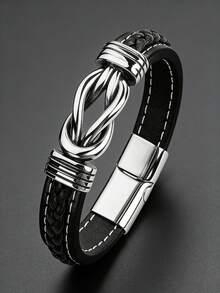 男士不锈钢扭纹皮革编织手链，休闲日常佩戴，男士礼物 - 黑色 - 查看 1