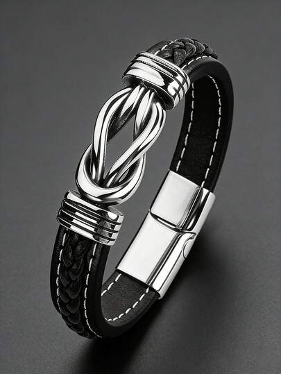 男士不锈钢扭纹皮革编织手链，休闲日常佩戴，男士礼物