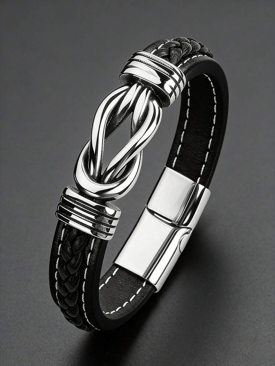 男士不锈钢扭纹皮革编织手链，休闲日常佩戴，男士礼物 - 黑色 - 查看 1