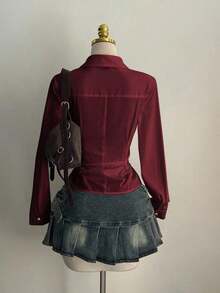 Sexy Collared Side Lace-Up Waist Slim Fit Long Sleeve Blouse For Women - Burgundy - View 3
