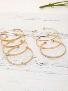 7pcs/Set European & American Style Bracelet Set, Hammered, Arrow, Floral, Exaggerated Hexagram Design, Twist-Open Bangle, Jewelry Gift - 金色 - 查看 5