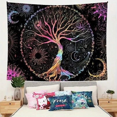 1 Tranh: Tranh ảo ảnh Mặt Trời và Mặt Trăng, với các họa tiết thực vật và hoa lá tinh tế. Tranh treo tường mang phong cách cổ điển này rất phù hợp cho phòng ngủ và phòng khách theo chủ đề Bohemian hoặc Hippie. - Chất liệu: Polyester - Thích hợp cho phòng khách, phòng ngủ, văn phòng và ký túc xá; Bao gồm kẹp treo.