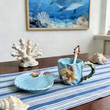 3D手繪陶瓷咖啡杯碟組附湯匙，海洋貝殼海星珊瑚圖案，創意茶杯居家廚房裝飾禮品 - 薄荷藍 - 查看 2
