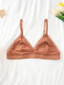 蕾丝文胸，性感深V无钢圈浪漫女士内衣，三角杯法式奢华女士内衣 - 亮橙色 - 查看 6