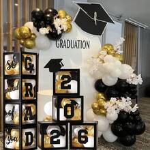 2026届毕业派对装饰，4个黑色气球盒，适合毕业派对，印有“GRAD 2026 2026毕业派对”字样，节日装饰 - 新款黑色黑字母 - 查看 4