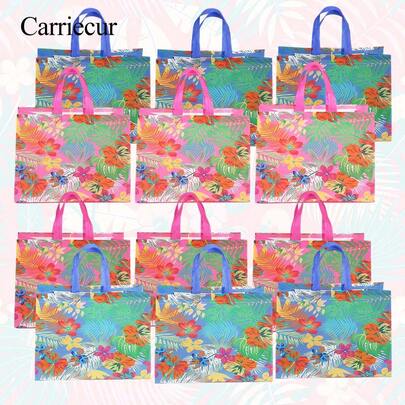 CARRIECUR Túi quà tặng tái sử dụng họa tiết hoa nhiệt đới có tay cầm, túi quà tặng kiểu Hawaii không dệt cho sinh nhật, đám cưới, tiệc mừng em bé, tiệc bãi biển và quà tặng ngày lễ.