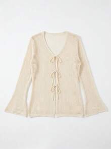 Korean Design V-Neck Tie Hollow Thin Knit Cardigan - Apricot - View 9