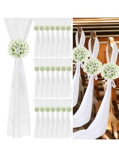 2/1 Set Elegant White Wedding Pew Decoration Set, Includes Baby's Breath Floral Branches, Clips And Hook And Loop; For Church Wedding Aisle Decor, Wedding Ceremony Ambiance, White Tulle Aisle Decoration, Guest Area Curtain Decor, Romantic DIY Centerpiece, Proposal, Engagement, Wedding Ceremony Theme Party Surprise Decoration