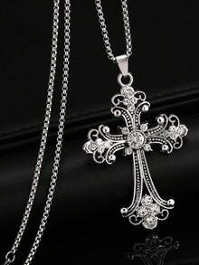 1件巴洛克十字项链，欧美嘻哈复古风格镶嵌大十字不锈钢项链，批发男士长款毛衣链和女士日常配饰 - 十字 - 查看 11