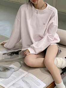 2024 Autumn New Arrival Soft Pink High-Quality Sweatshirt For Women, Letter Print Drop Shoulder Pullover Top, Spring Casual - Pink - View 3