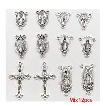 12/60 piezas Rosario católico con cuentas, cruz de la paz, colgante de la Virgen María, cadena para hacer collares y joyería DIY - Plateado - Ver 8