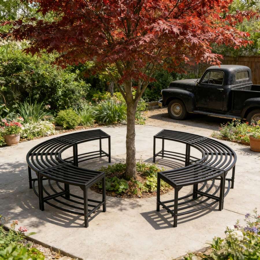 4-Piece Metal Backless Storage Bench Set, Weather-Resistant Curved Outdoor Bench & Plant Stand, Black - A - View 1