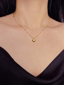 1pc Fashionable Stainless Steel Heart Charm Necklace For Women For Daily Decoration - Yellow Gold - View 2