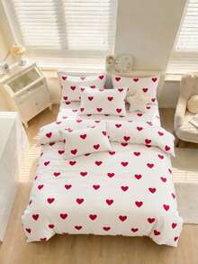 Cotton Blend Duvet Cover Set – Heart Pattern Bedding Set, Soft & Breathable With Red Hearts – Made In Turkey - White - View 5