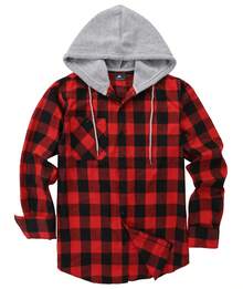 Men's Plaid Flannel Hooded Shirt Jacket Casual Button Down Shacket With Drawstring Hood For All Seasons - Red - View 8