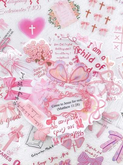 50pcs Pink Bow Stickers With Bible Verses, Transparent PET Stickers Suitable For Water Bottles, Laptops, Luggage, Scrapbooks, Diaries, Phones