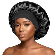Awegeo 1pc Plus Size Women Solid Color Wide Brim Elastic Satin Bonnet Hat, Soft & Breathable Casual Comfortable Sleeping Cap, Not Easy To Slip Off, Suitable For Sleep & Everyday Use Hair Care Hat Sleep Bonnet - Black - View 11