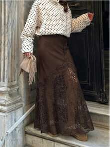Mellowy Spring/Summer New Women's Fashion European And American Style Minimalist Mid-Waist Lace Trim Satin Skirt - Brown - View 4