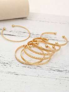7pcs/Set European & American Style Bracelet Set, Hammered, Arrow, Floral, Exaggerated Hexagram Design, Twist-Open Bangle, Jewelry Gift - 金色 - 查看 4