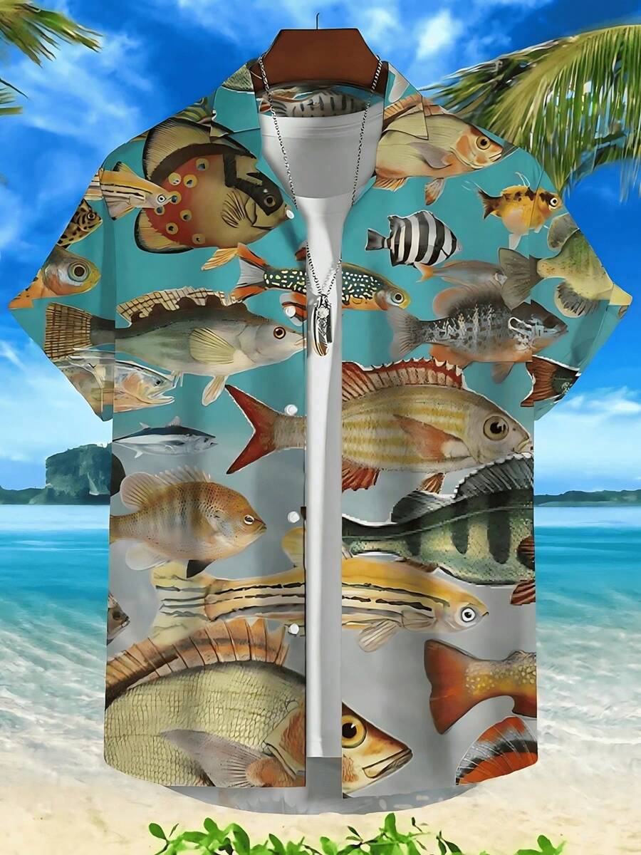 3d Fish Print Hawaiian Shirts For Men New Men's Shirt Casual Unisex Clothing Summer Quick Dry Short Sleeve Shirt Tops - A508D-AL23164 - 查看 1