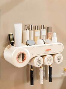 1pc Toothbrush Holder With Gargle Cup, Wall Mounted Toothbrush Storage Rack, With Toothpaste Dispenser And Cosmetic Drawer, Toothbrush Storage Organizer, Bathroom Multifunctional Toothpaste Toothbrush Container, Bathroom Accessories, Home Decor Home Bathroom Decor Fall Decor Back To School - Automatic Toothpaste Dispenser - View 4
