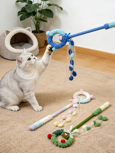 3pcs Multicolor Cute Plush Cartoon Cat Teaser Wands, Fun Relaxing Toys For Playing With Cats, Cat Toys, Soft Fluffy Cat Feather Teaser Wands With Satin Ribbon Rings, Suitable For Cats Of All Ages