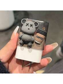 5-In-1 Cute Bear & Coffee Cup Themed Charging Adapter Protective Case Set, Compatible With Apple 20W/18W Chargers, Suitable For IPhone 16 Pro Max/15/14/13/12/11, Dust-Proof And Anti-Drop - Black - View 3