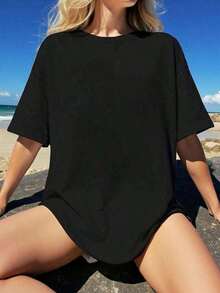 Women's Oversize Round Neck Short Sleeve Spring Summer Tee, Unisex Loose Fit Vintage Street Style Cotton Printed Top For Couples, 100% Cotton - 黑色 - 查看 4