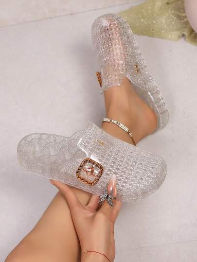 Women's Crystal Clear Jelly Sandals, Summer Breathable Hollow Design, Elegant Ladies Sandals Suitable For Beach And Outdoor Activities