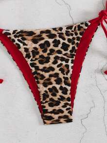 2pcs Leopard Print Sexy Backless Drawstring Tie Back Ruched Bust Women's Bikini Swimsuit, Suitable For Beach, Holiday, Summer, Red Leopard Print Contrast Color Vacation - Brown - View 5