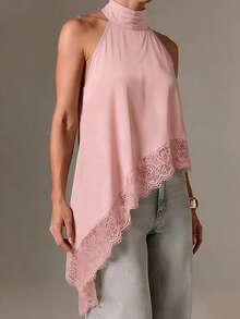 女士黑色吊带背心，不对称下摆，露背设计，撞色蕾丝饰边，常规长度，粉色夏季款 - 粉色 - 查看 3