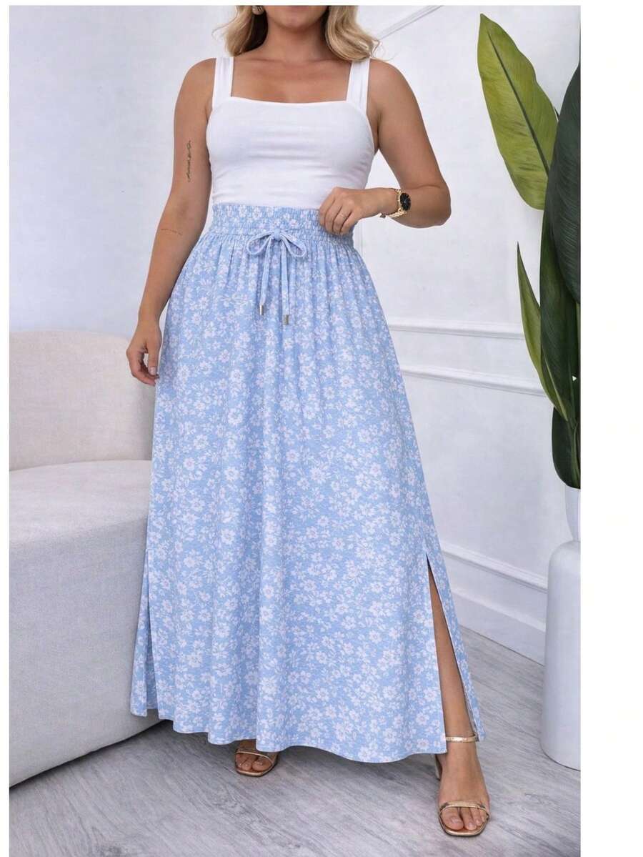 Long, Printed Viscose Skirt, Lined, High Waist With Pockets And Side Slits. - 淺藍色花朵 - 查看 1