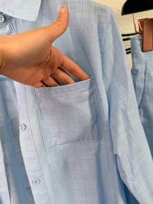 Linen Shirt And Shorts Set (2 Pieces) - Light Blue With Pockets - View 3
