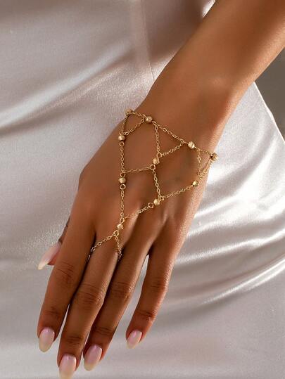 1件简约串珠链条指节戒指，时尚婚礼配饰及日常佩戴女士饰品