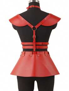 Handmade Red Leather Armor Corset For Women, Adjustable Steampunk Harness Outfit With Straps And Buckles, Gothic Fantasy Festival Costume, Cosplay Body Armor Dress, Customizable Faux Leather Fashion Statement - 紅色 - 查看 9
