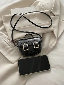 1个时尚迷你斜挎包，亮面包，多功能口红包（4.7英寸*3.3英寸*1.7英寸） - 黑色 - 查看 5