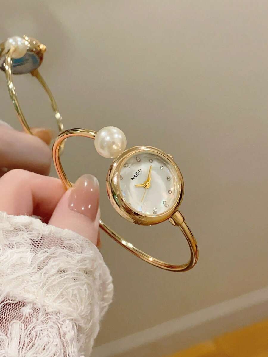 1 件优雅桶形女士石英表，黑色不锈钢表带 - 金色 - 查看 1
