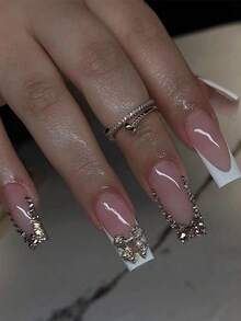 24pcs French Medium Length Square Wearable Nails, Gold Bow Rhinestone Design Press-On Reusable Fake Nails (Includes 1pc Jelly Gel And Nail File) - Multicolor - View 3